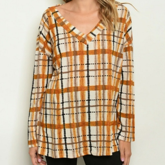 Tops - Mustard Orange Caramel Plaid Top Shirt